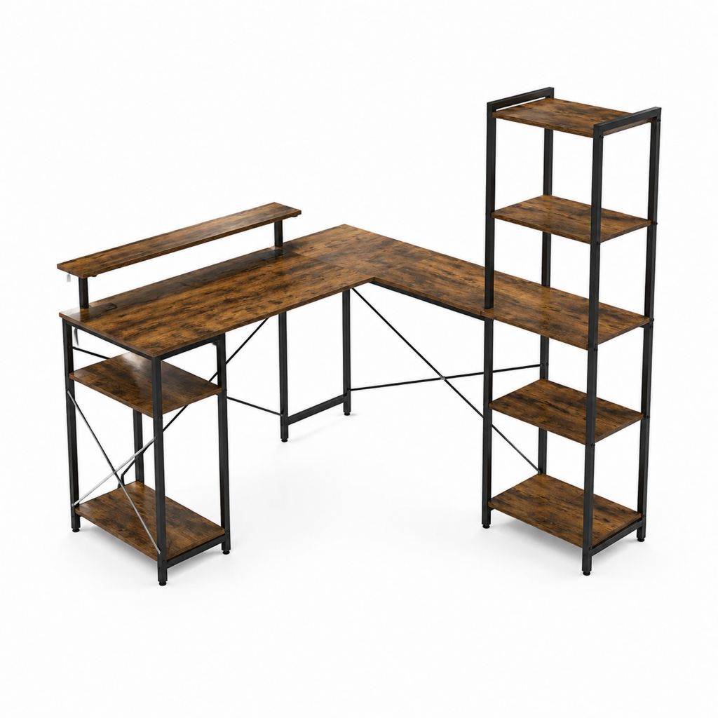 Scrivania angolare per computer marrone rustico e nero in pannello truciolare e acciaio a L 150 x 120 x 150 cm