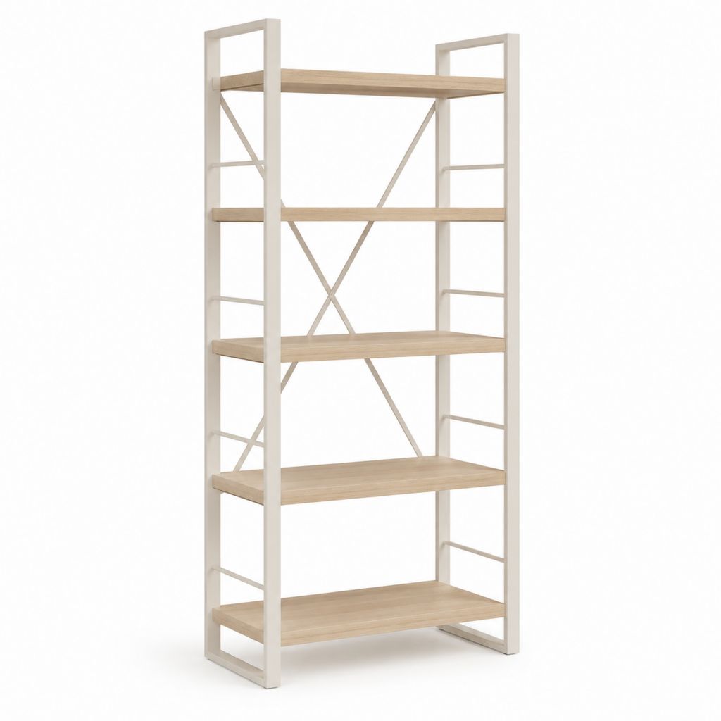 Libreria a 5 ripiani bianco e rovere in acciaio verniciato a polvere e pannelli truciolari 80 x 35 x 180 cm