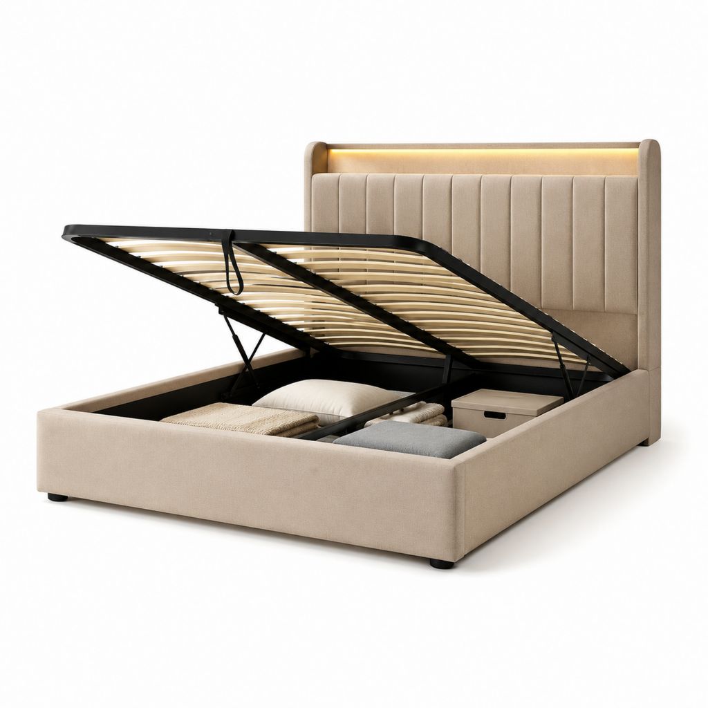 Letto contenitore matrimoniale beige in poliestere con testiera LED 160 x 200 cm