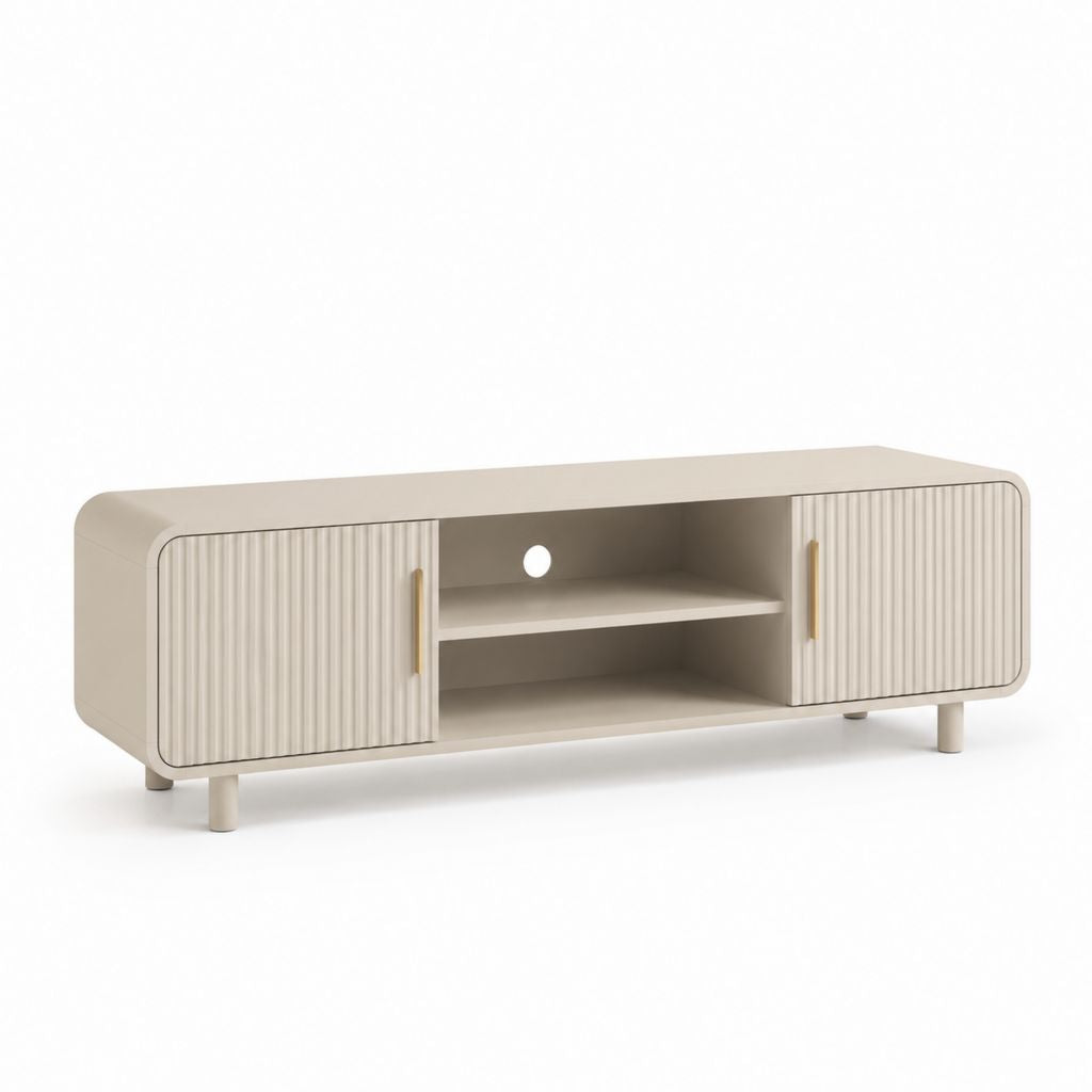 Mobile porta TV beige in MDF con ante scorrevoli scanalate 160 x 40 x 55 cm