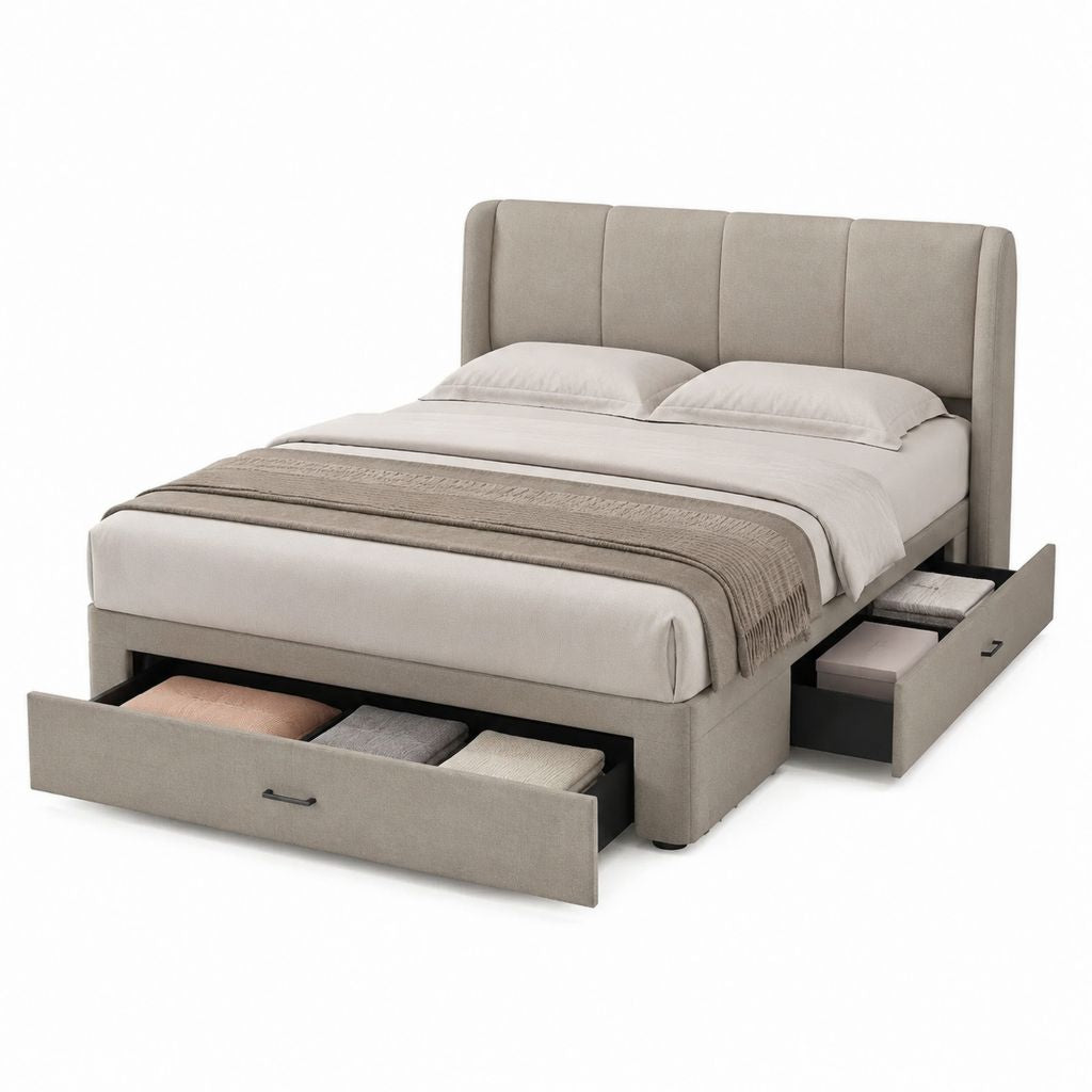 Letto contenitore matrimoniale beige in poliestere con 3 cassetti 160 x 200 cm