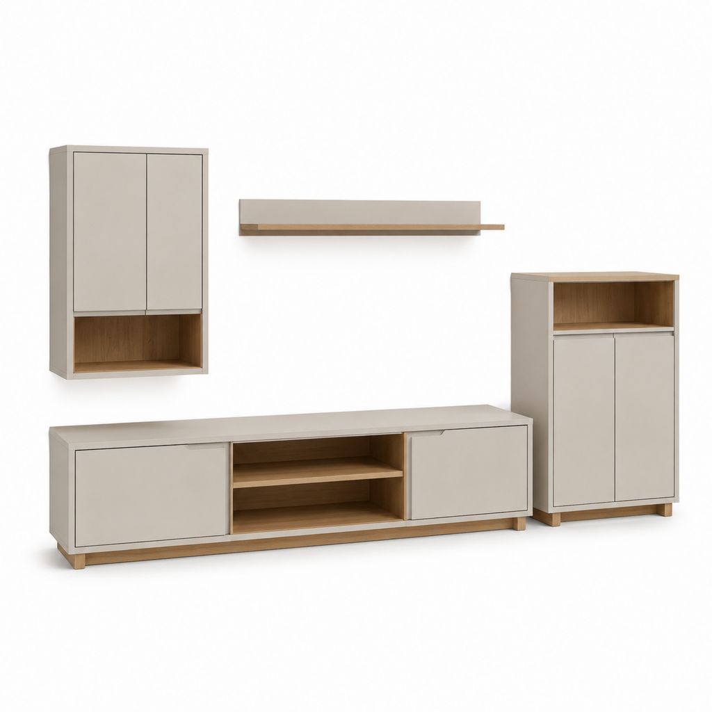 Parete attrezzata TV 4 pezzi beige e rovere in pannello truciolare rettangolare con mobile basso 180 x 40 x 50 cm