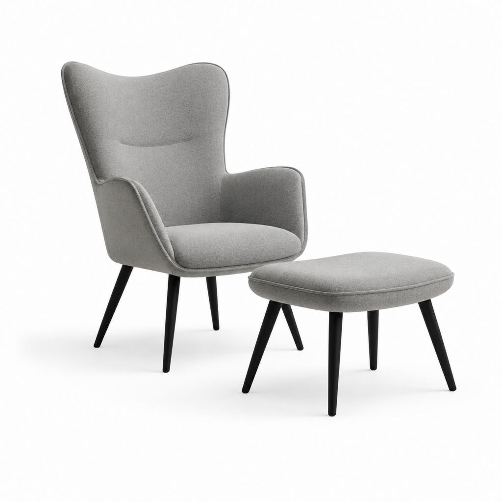 Poltrona con poggiapiedi grigia in poliestere con schienale alto 75 x 85 x 105 cm e pouf 55 x 40 x 42 cm