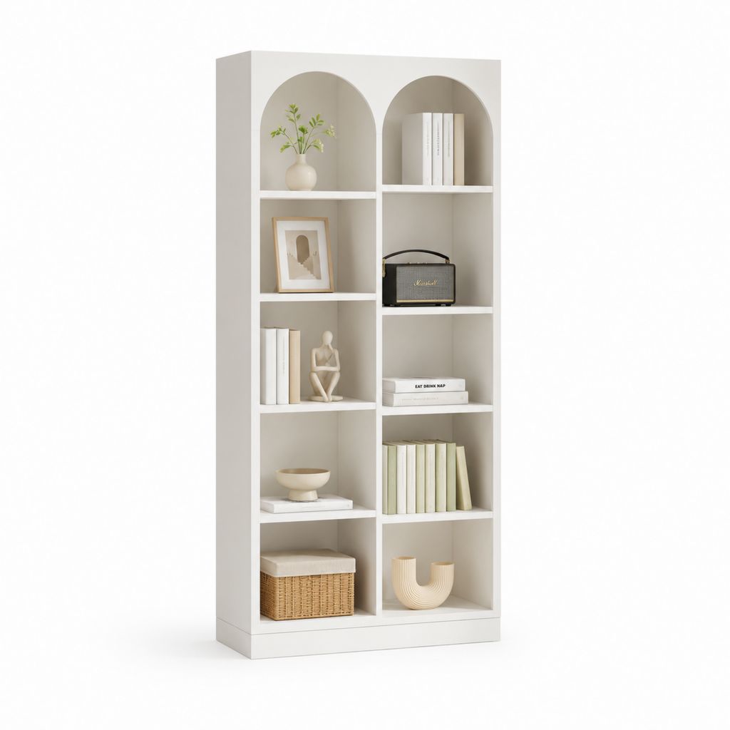 Libreria a 10 vani bianca in MDF rettangolare con nicchie ad arco 180 x 80 x 30 cm