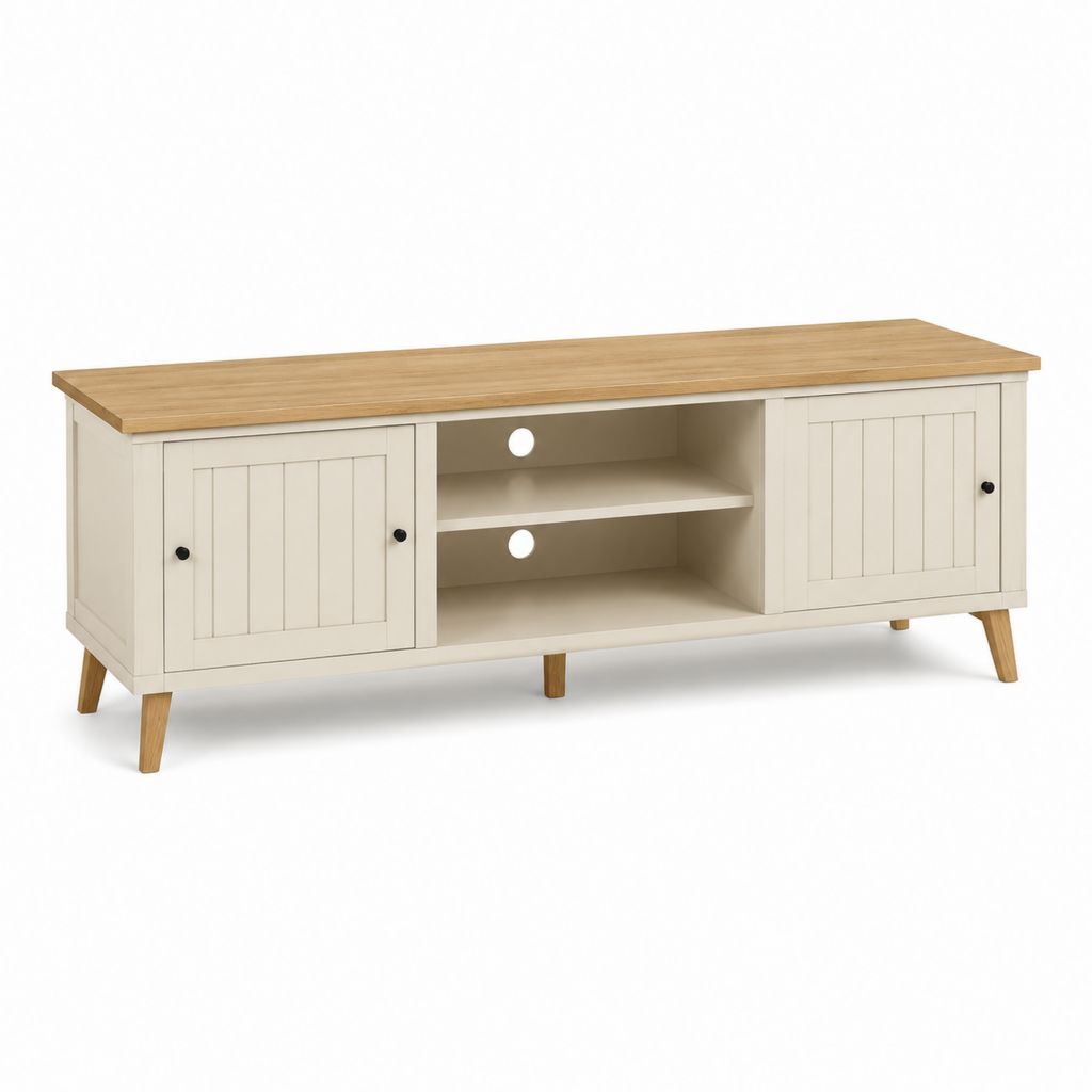 Mobile TV rettangolare 160 x 40 x 60 cm bianco e naturale in MDF e legno massello con 2 ante