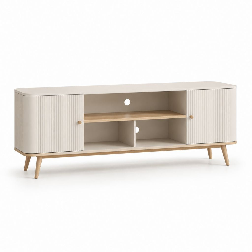 Mobile TV 160 cm crema e rovere in MDF con ante scanalate e vani a giorno