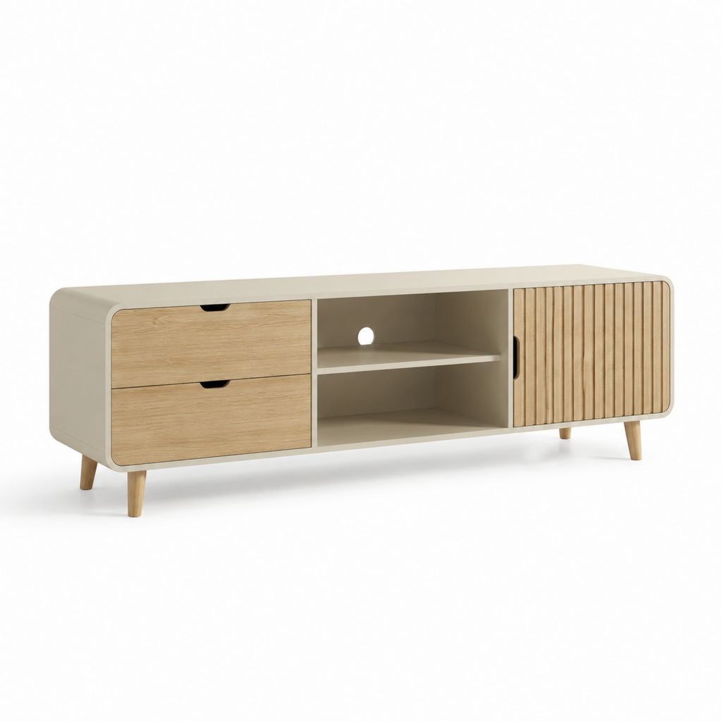 Mobile TV rettangolare beige e rovere in MDF impiallacciato con 2 cassetti e anta scorrevole 160 x 40 x 55 cm