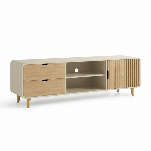 Mobile TV rettangolare beige e rovere in MDF impiallacciato con 2 cassetti e anta scorrevole 160 x 40 x 55 cm