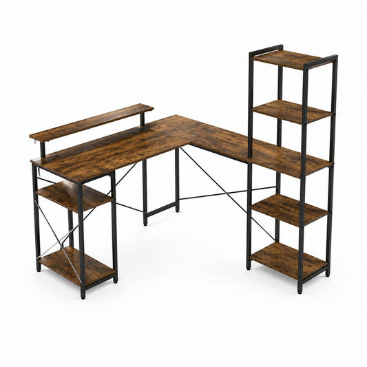 Scrivania angolare per computer marrone rustico e nero in pannello truciolare e acciaio a L 150 x 120 x 150 cm