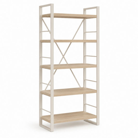 Libreria a 5 ripiani bianco e rovere in acciaio verniciato a polvere e pannelli truciolari 80 x 35 x 180 cm