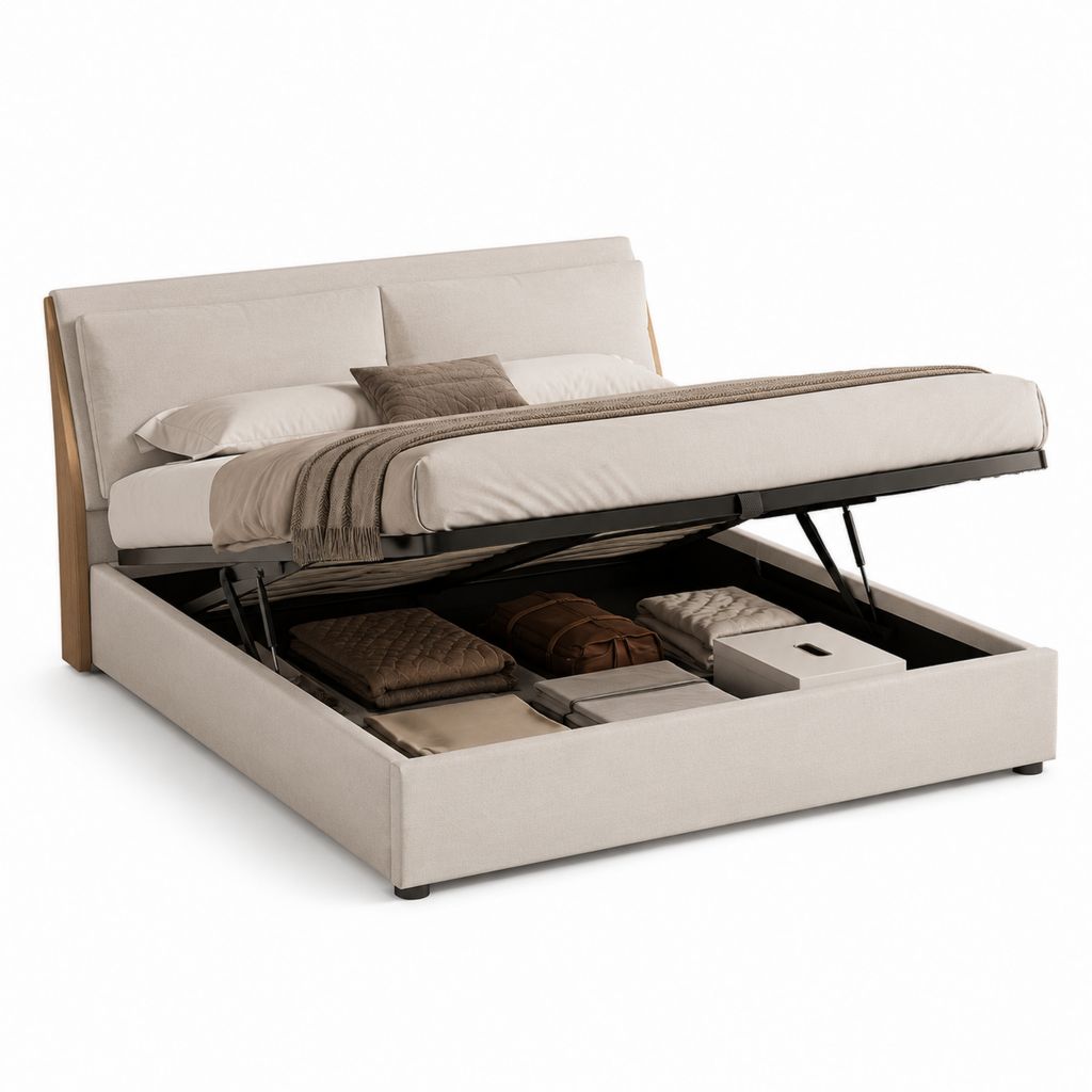 Letto contenitore matrimoniale beige in poliestere 160 x 200 cm con testiera imbottita