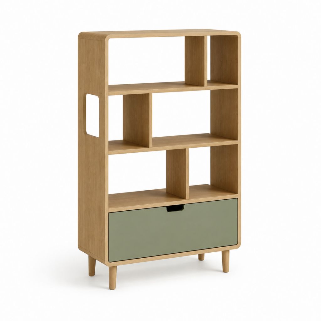 Libreria rettangolare in MDF effetto rovere con cassetto verde salvia 80 x 35 x 160 cm
