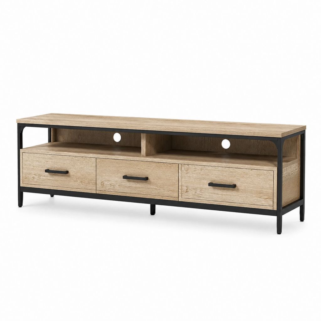 Mobile TV rettangolare con 3 cassetti rovere chiaro e nero in MDF e acciaio 180 x 40 x 55 cm