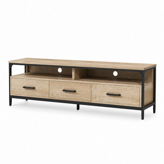 Mobile TV rettangolare con 3 cassetti rovere chiaro e nero in MDF e acciaio 180 x 40 x 55 cm