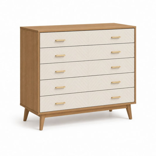 Cassettiera bassa 5 cassetti beige e rovere in MDF 120 x 45 x 100 cm