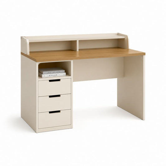 Scrivania per computer con 3 cassetti bianco e rovere in pannello truciolare rettangolare 100 x 50 x 85 cm