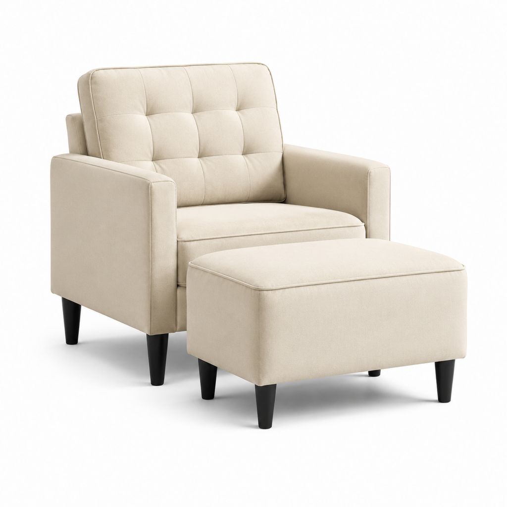 Poltrona con pouf in poliestere crema con gambe nere 78 x 82 x 88 cm