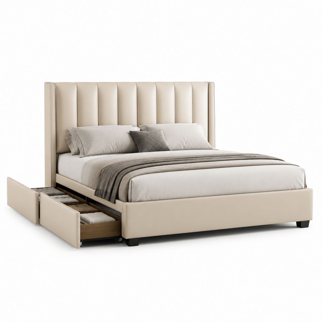 Letto contenitore matrimoniale beige in pelle PU con testiera imbottita 180 x 215 x 125 cm per materasso 160 x 200 cm
