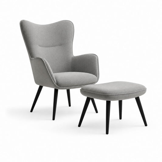 Poltrona con poggiapiedi grigia in poliestere con schienale alto 75 x 85 x 105 cm e pouf 55 x 40 x 42 cm