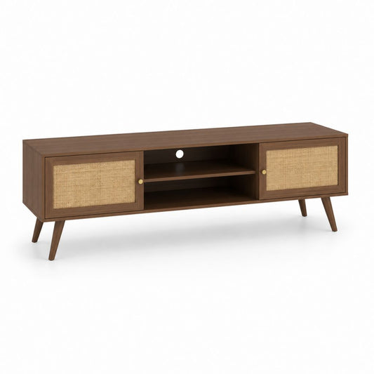 Mobile TV rettangolare noce e rattan con 2 ante 160 x 40 x 55 cm