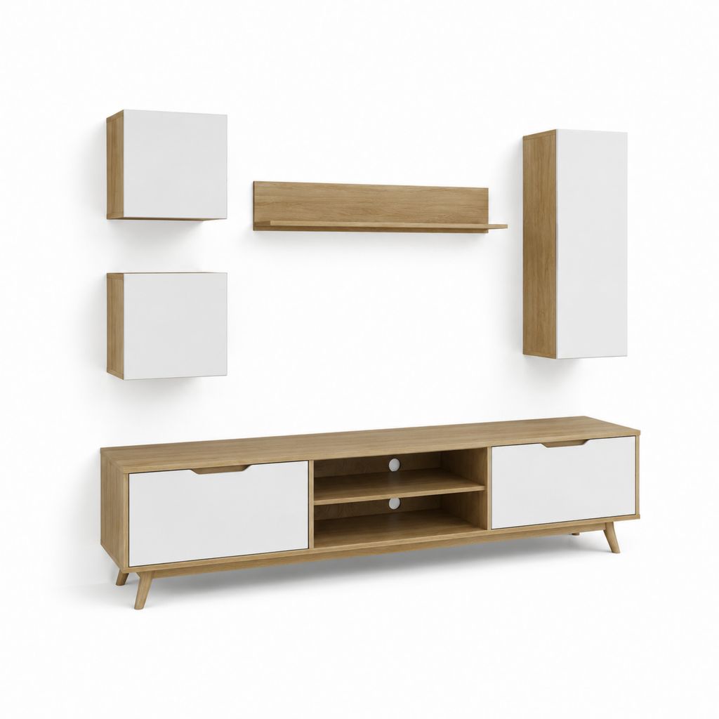 Parete attrezzata TV 5 pezzi bianco rovere in truciolare nobilitato 240 x 40 x 180 cm